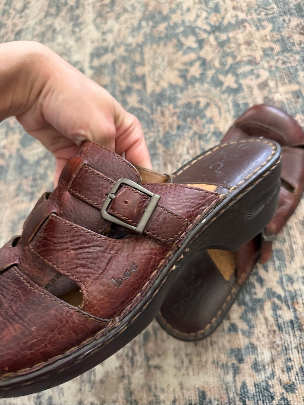 BORN Brown Leather Fisherman Clog Slide On Wedge Mule 11 - Picture 12 of 14